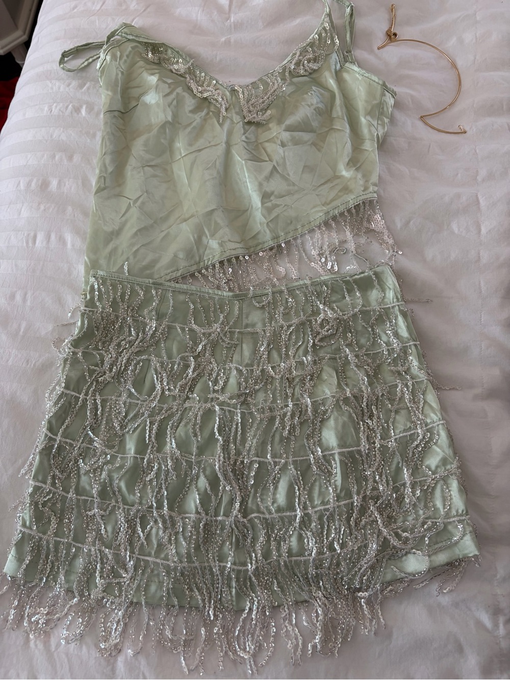 Y2K Green Sequin Mini Dress & Skirt 2 Piece Set Size S Party Festival